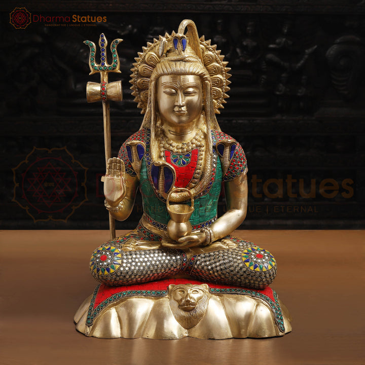 Brass Shiva Idol, Abhay Mudra,  Intricate Stonework with Golden finish, 17"