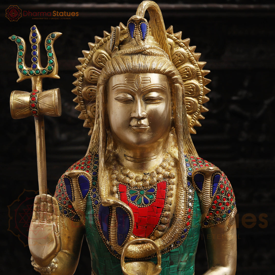 Brass Shiva Idol, Abhay Mudra,  Intricate Stonework with Golden finish, 17"