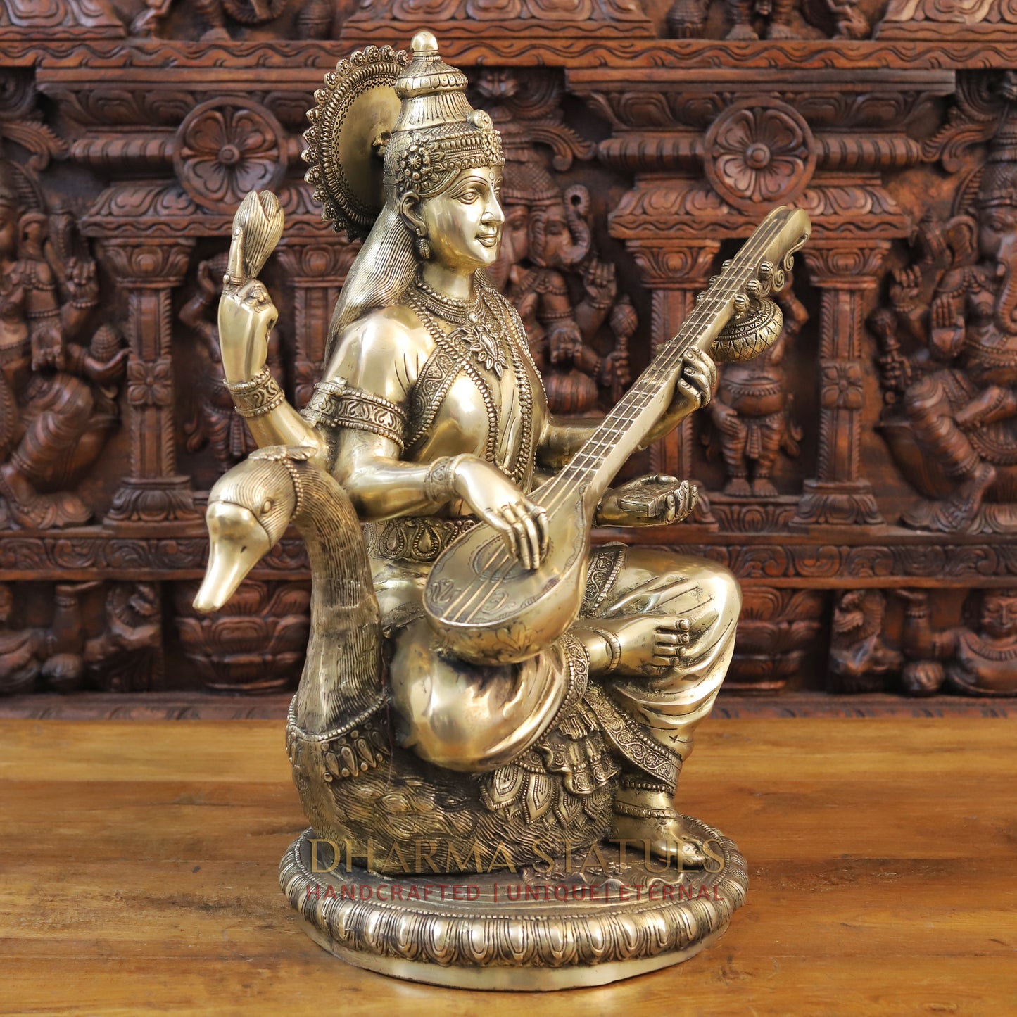 Brass Saraswati Idol, seated on swan, Fine Golden Finish 24"