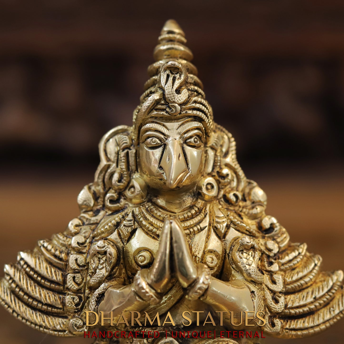 Brass Garuda Idol, Seated on Lotus, Fine Golden Finish 5.5"