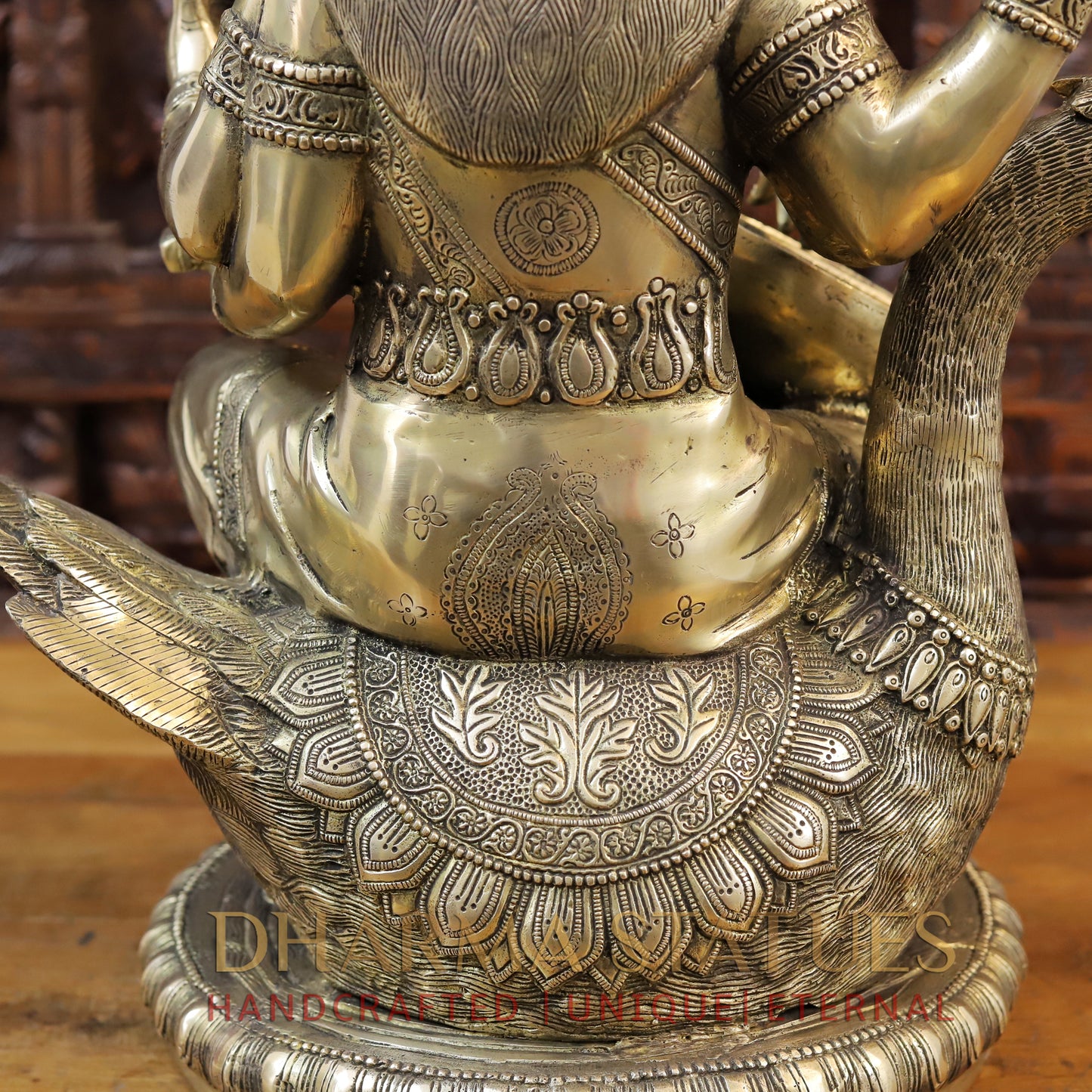 Brass Saraswati Idol, seated on swan, Fine Golden Finish 24"