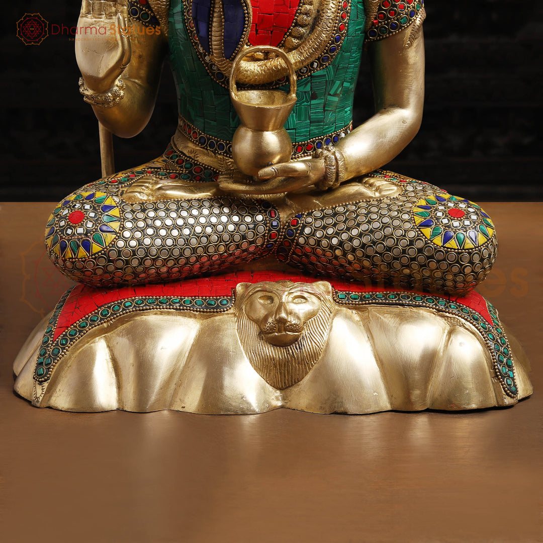 Brass Shiva Idol, Abhay Mudra,  Intricate Stonework with Golden finish, 17"