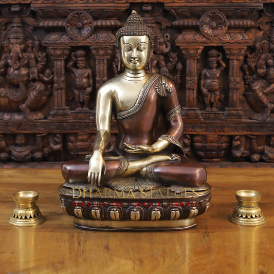 Brass Buddha Statue, Seated on a Lotus, Copper and Golden Finish 22"