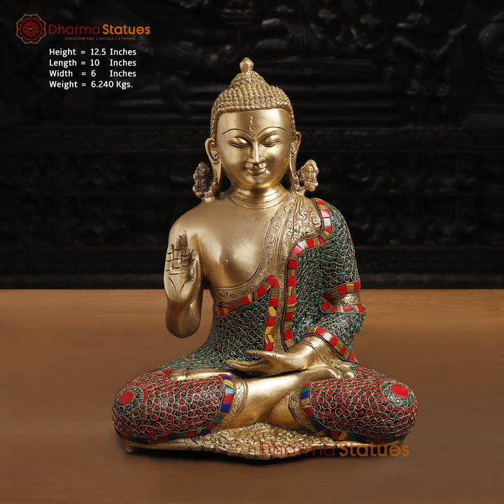 Brass Kundal Buddha Idol, Fine Golden and Stone Work 12.5"