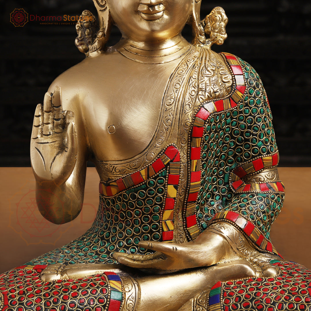 Brass Kundal Buddha Idol, Fine Golden and Stone Work 12.5"