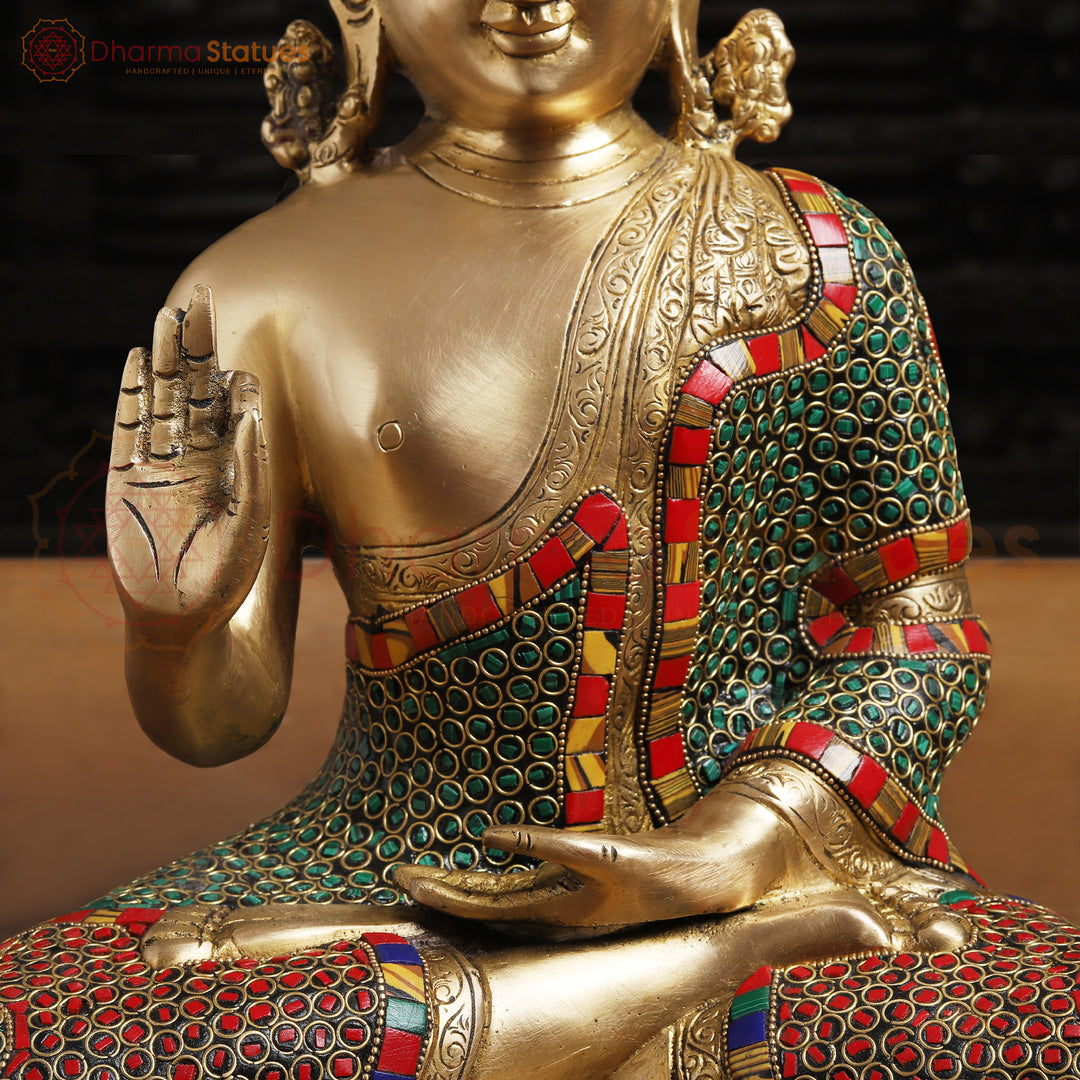 Brass Kundal Buddha Idol, Fine Golden and Stone Work 12.5"