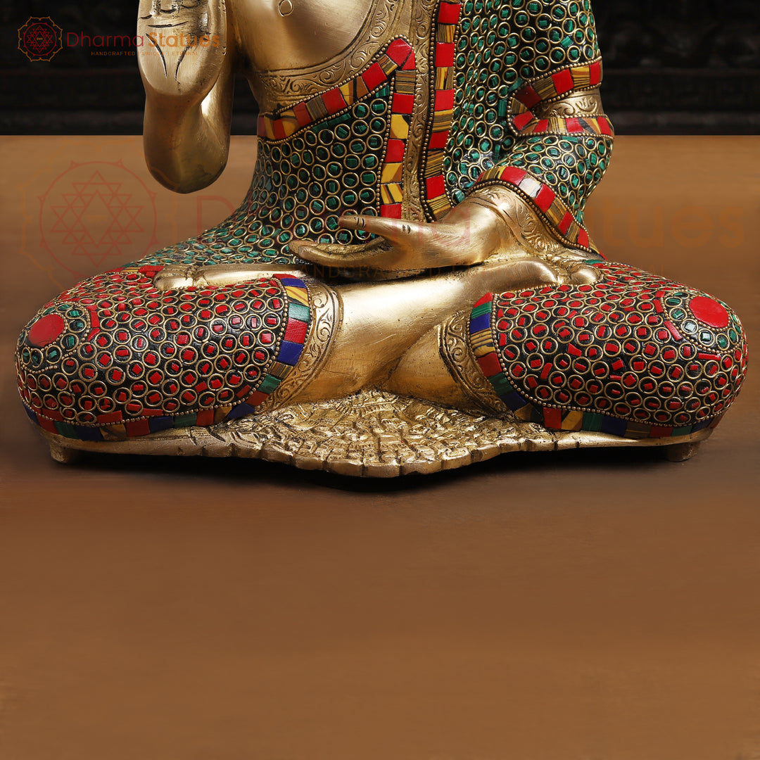 Brass Kundal Buddha Idol, Fine Golden and Stone Work 12.5"