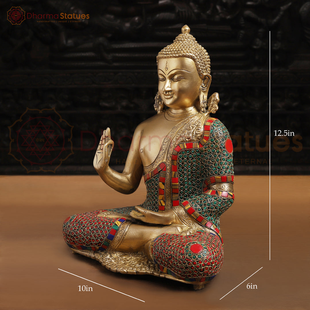 Brass Kundal Buddha Idol, Fine Golden and Stone Work 12.5"