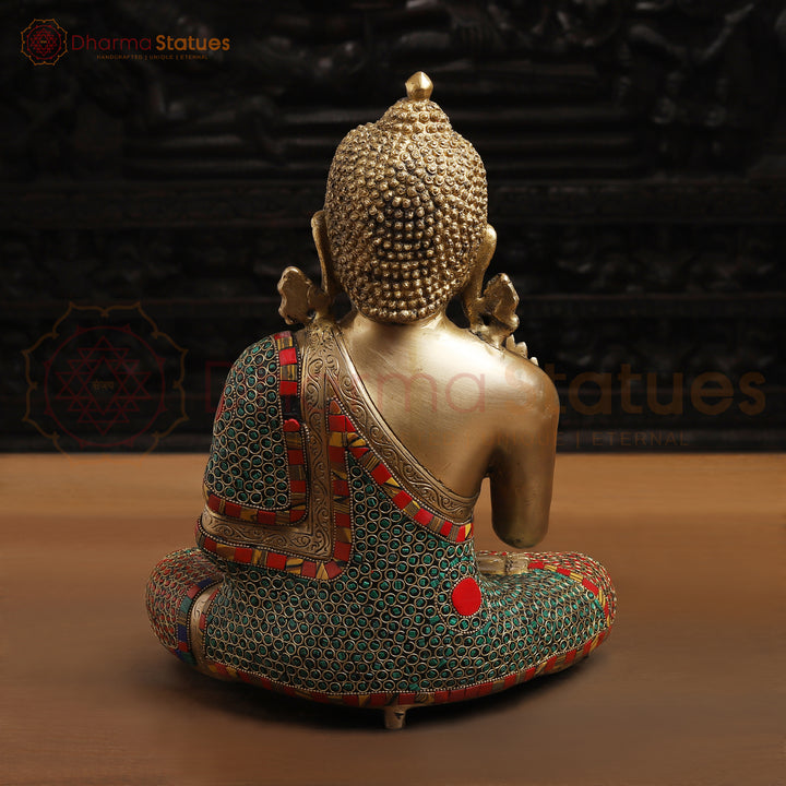 Brass Kundal Buddha Idol, Fine Golden and Stone Work 12.5"