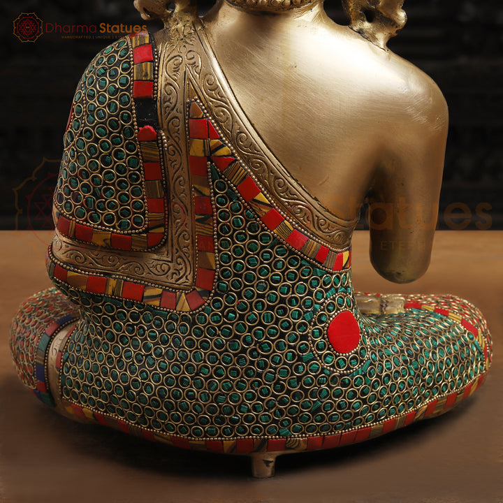 Brass Kundal Buddha Idol, Fine Golden and Stone Work 12.5"