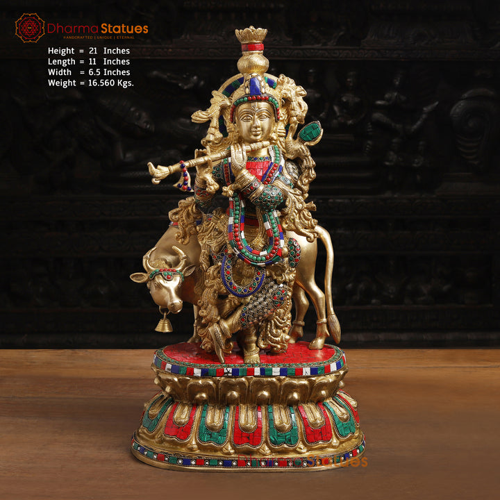 Brass Krishna with Cow, Standing with Cow on a Platform Playing flute 21" Front View