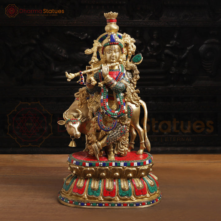 Brass Cow Krishna, Playing Flute Dancing Moment, 21" Front View