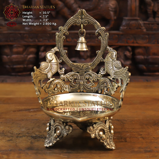Brass Peacock Urli, With Bell, Fine Golden Finish 10.5"