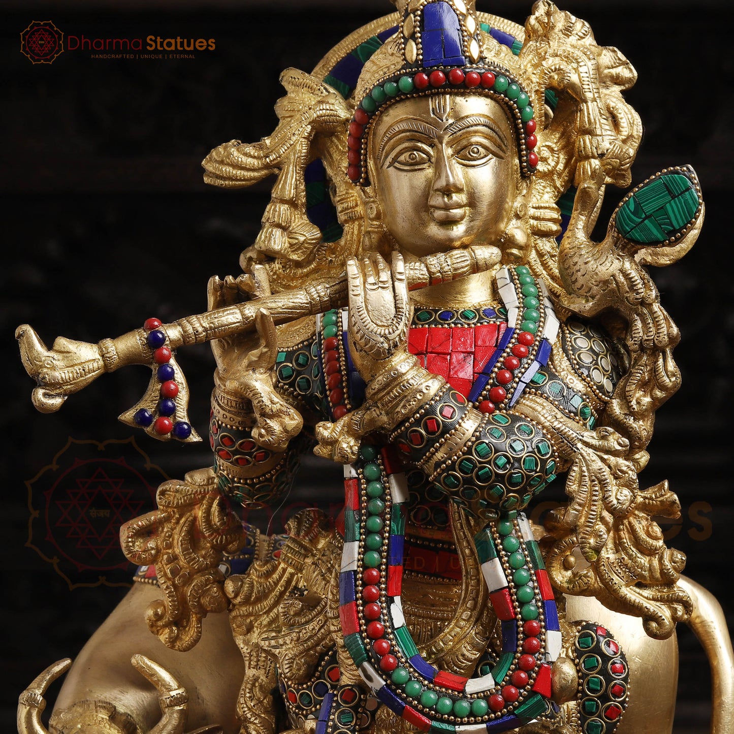 Brass Krishna Statue with Cow, Playing Flute, Golden Finish with Stone Work, 21"