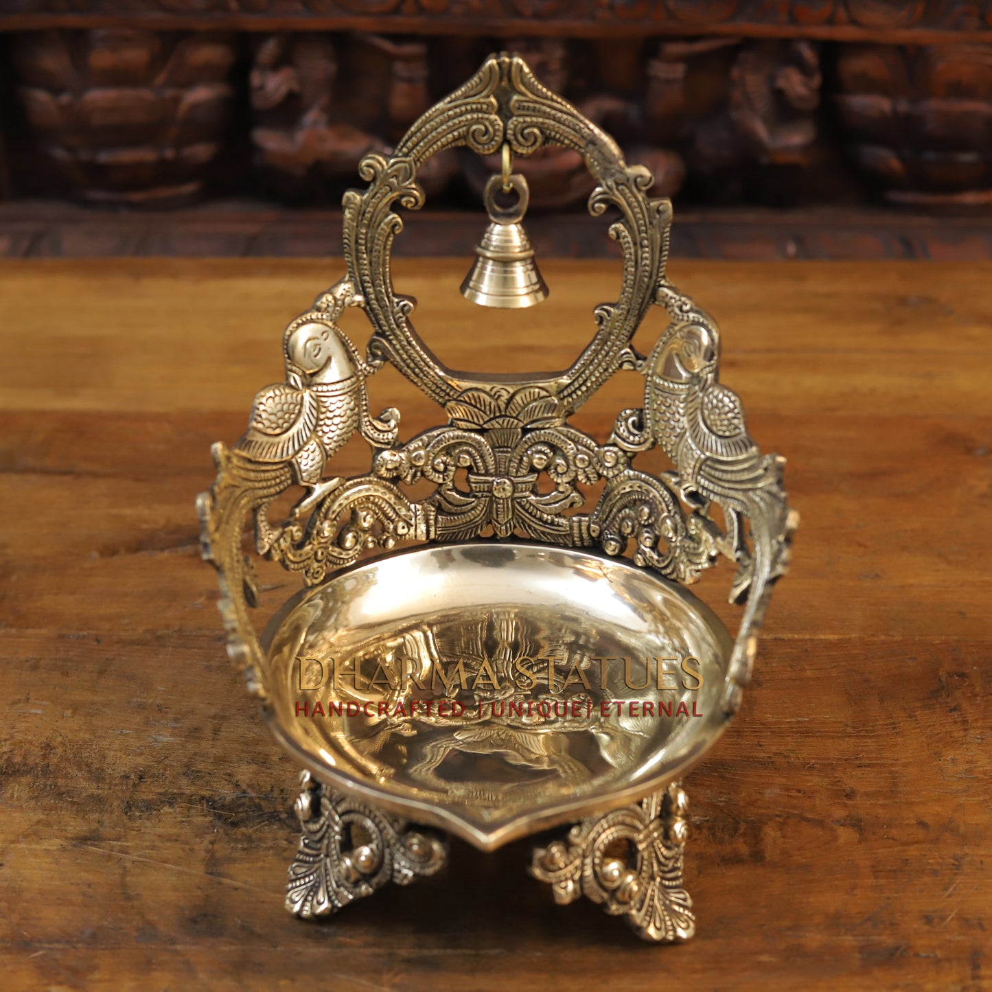 Brass Peacock Urli, With Bell, Fine Golden Finish 10.5"