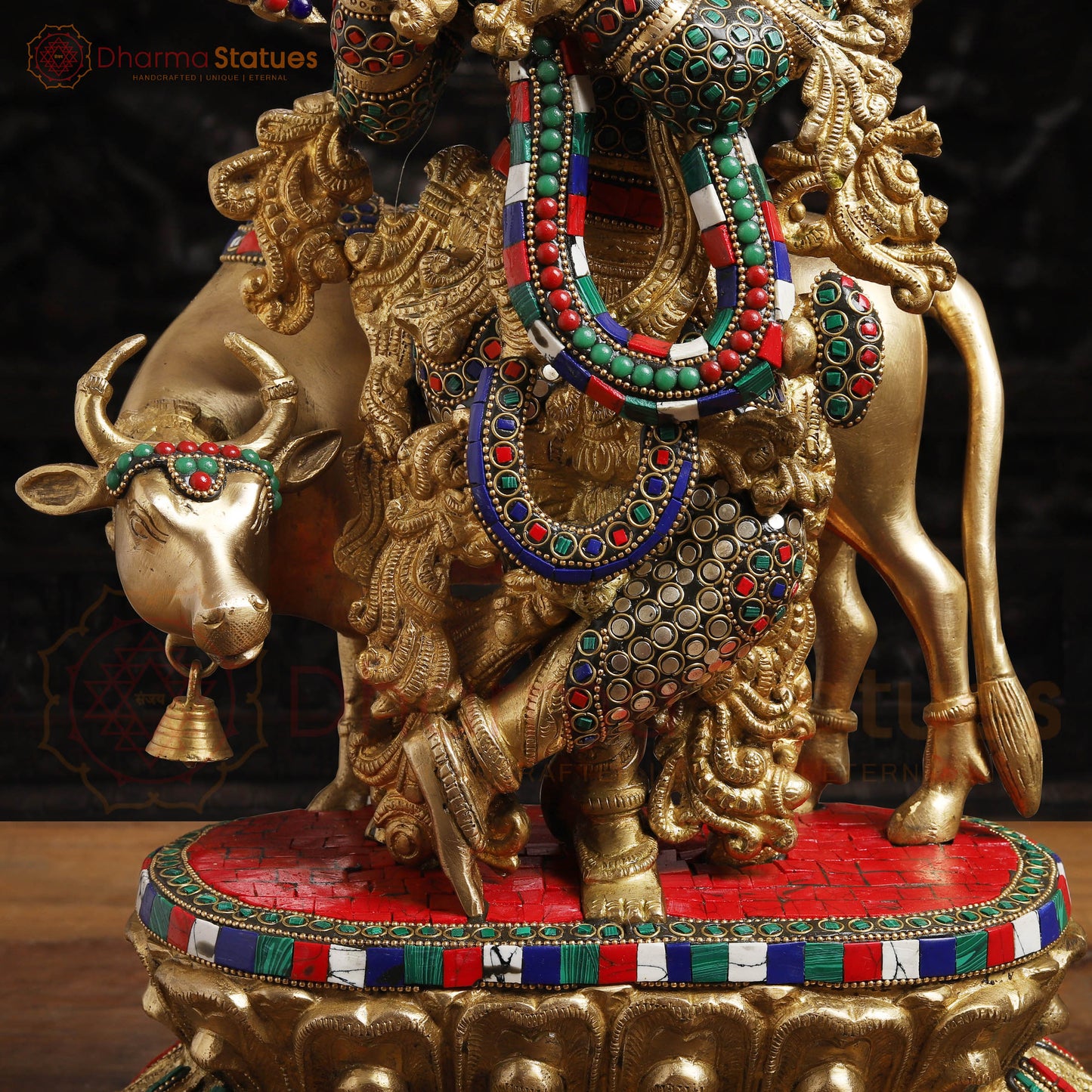 Brass Krishna Statue with Cow, Playing Flute, Golden Finish with Stone Work, 21"