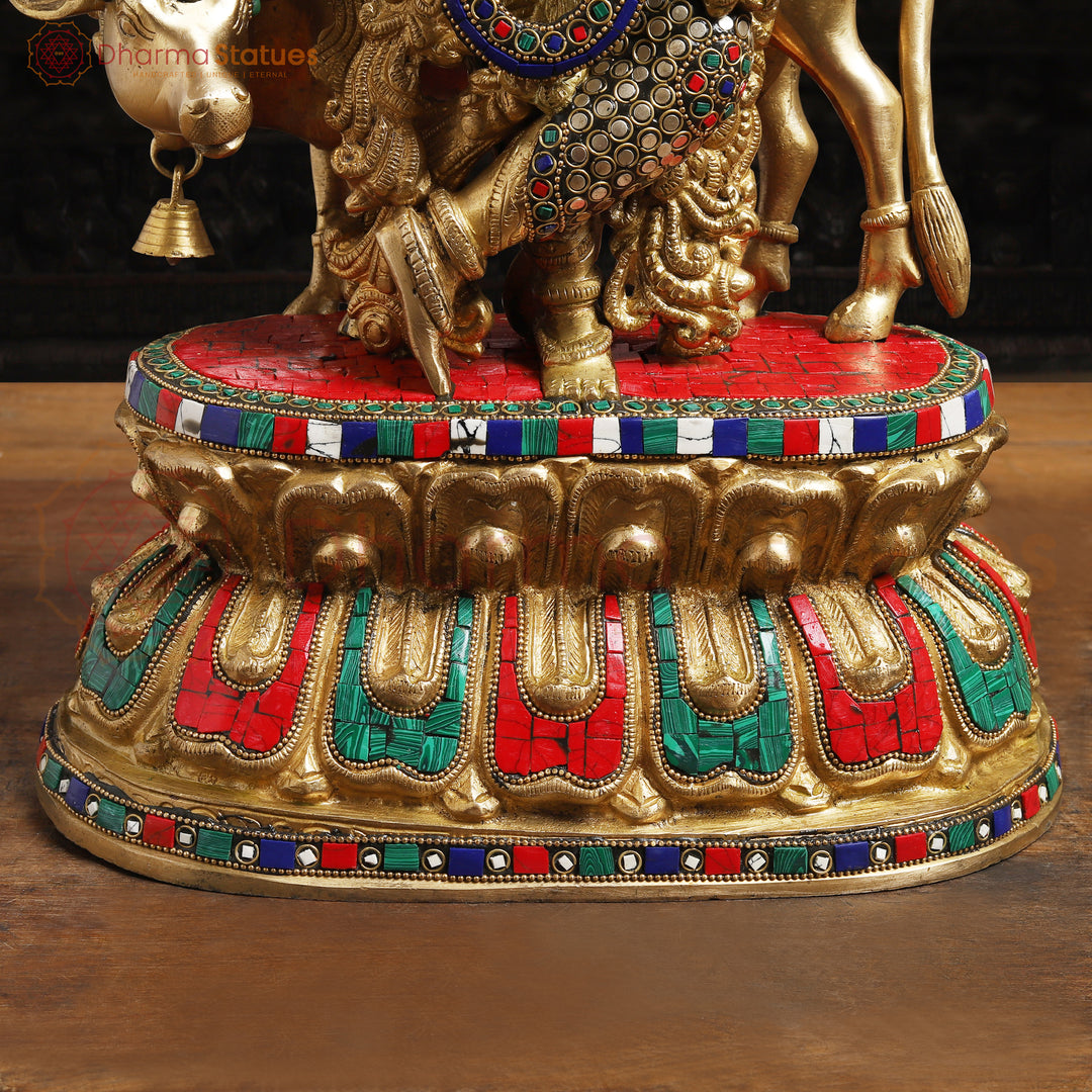 Brass Lord Krishna Statue with Cow, Playing Flute, Golden Finish with Stone Work, 21"