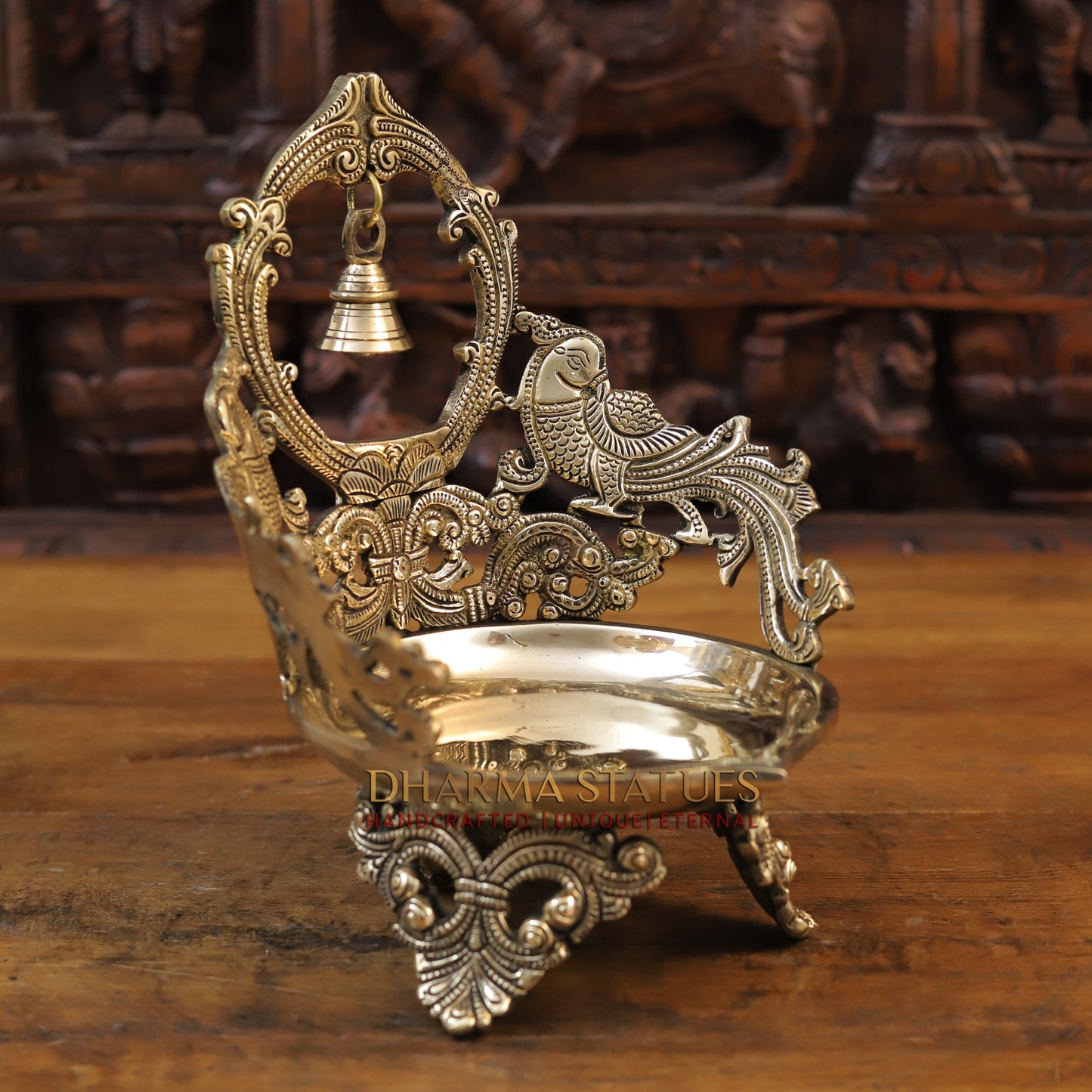 Brass Peacock Urli, With Bell, Fine Golden Finish 10.5"