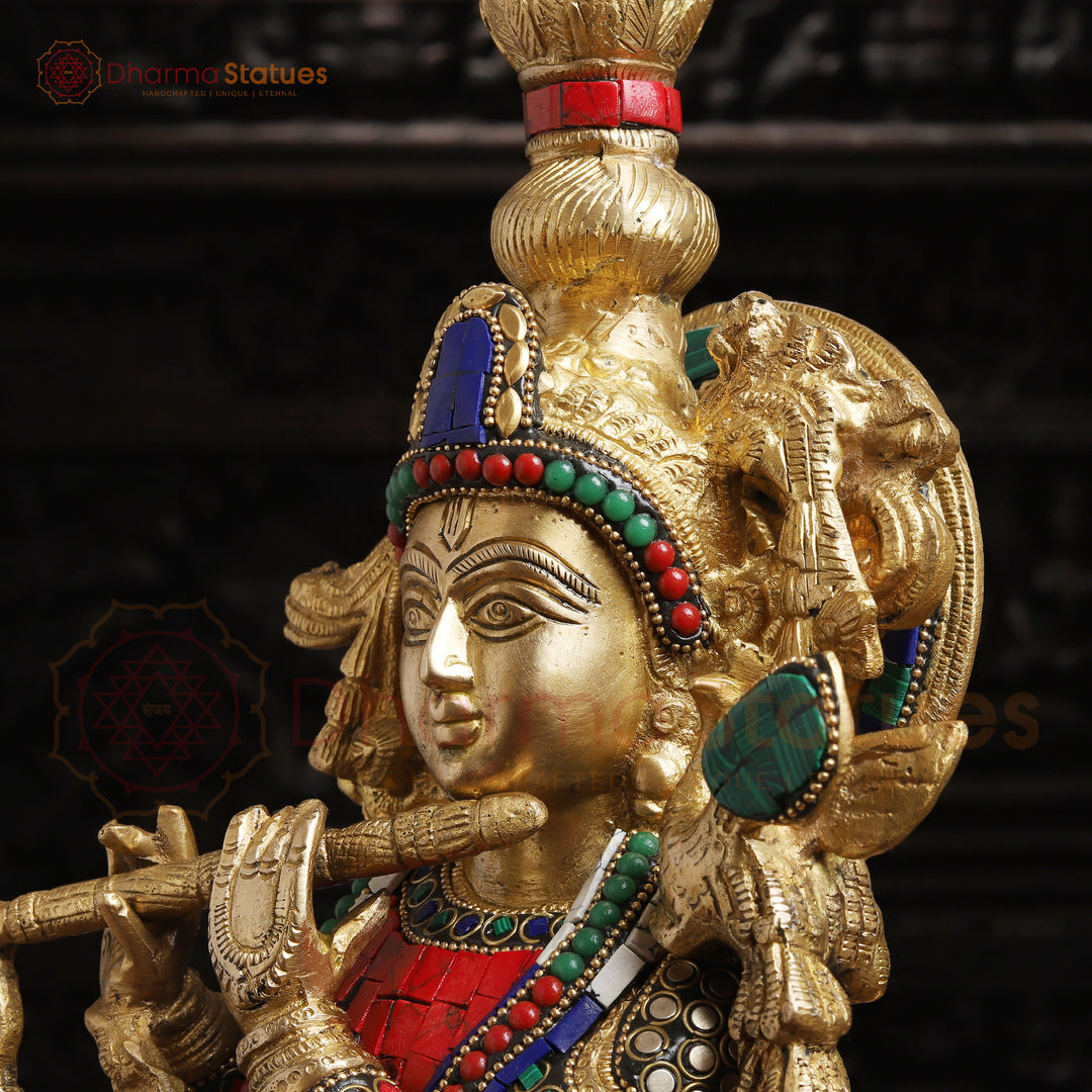 Brass Lord Krishna Statue with Cow, Playing Flute, Golden Finish with Stone Work, 21"