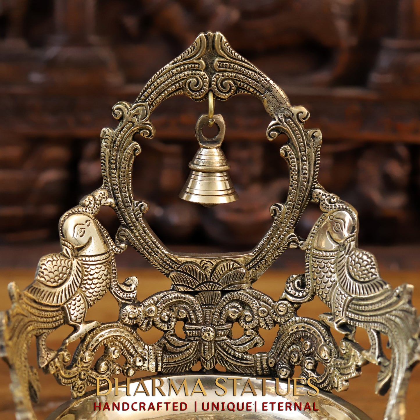 Brass Peacock Urli, With Bell, Fine Golden Finish 10.5"