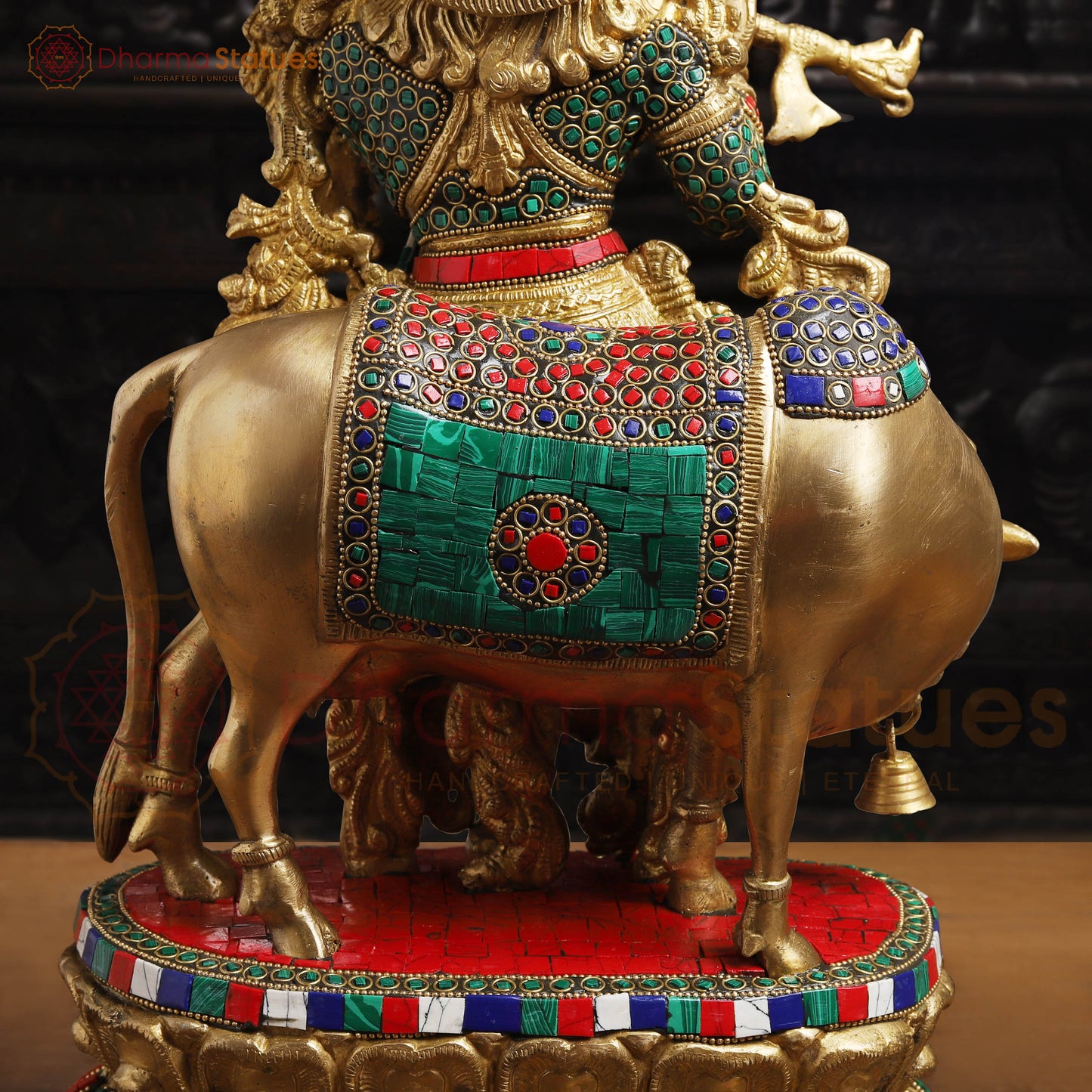 Brass Krishna Statue with Cow, Playing Flute, Golden Finish with Stone Work, 21"