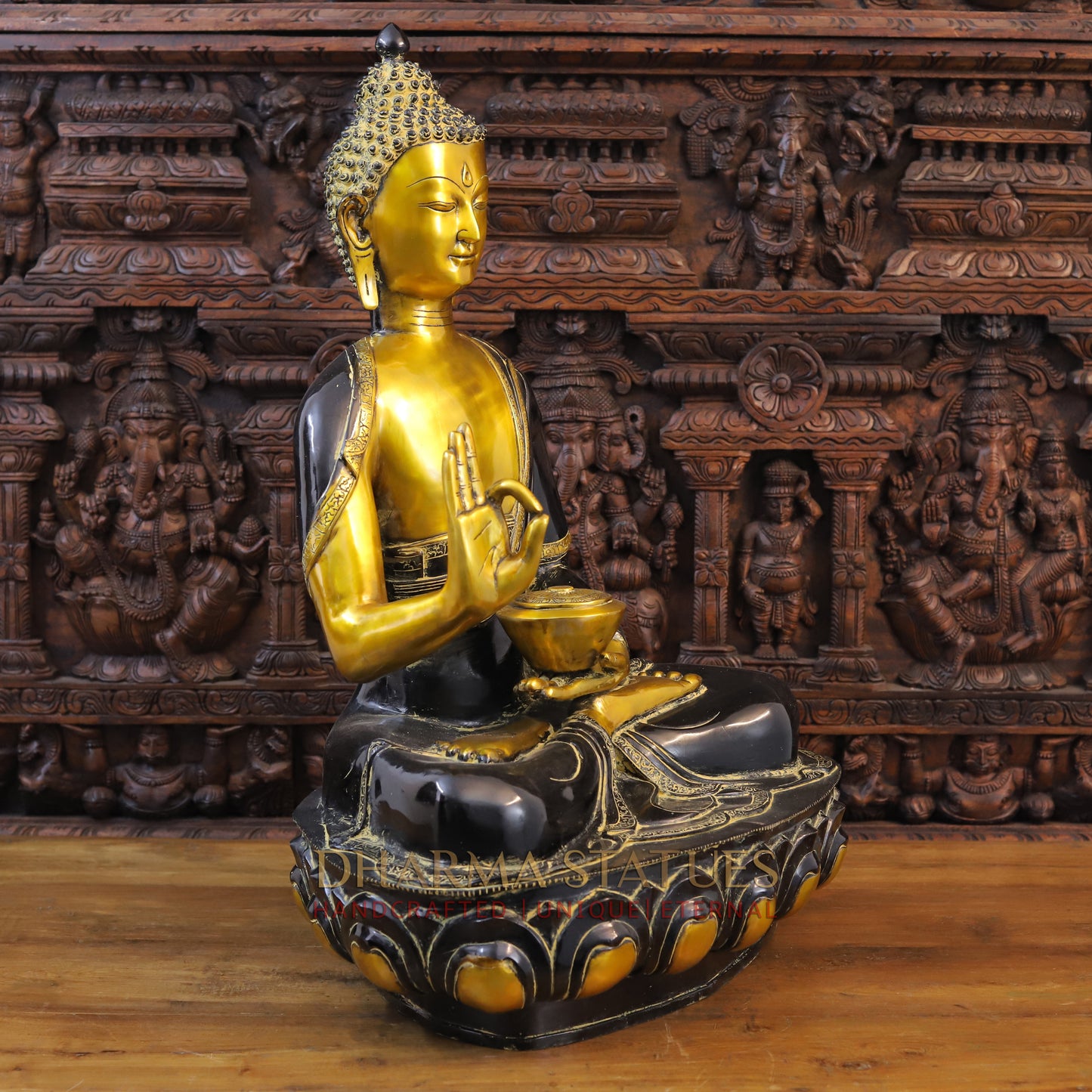 Brass Medicine Buddha Idol, Fine Golden & Black Patina Finish 34.5"