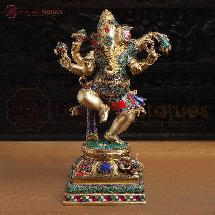 Brass Ganesh Dancing Fine Carved, Stone Work, 24"