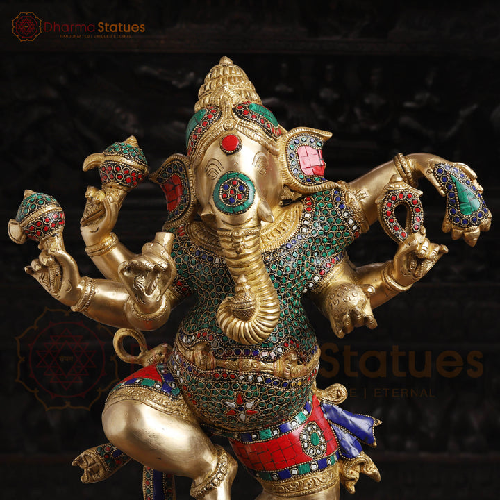 Brass Ganesh Dancing Fine Carved, Stone Work, 24"