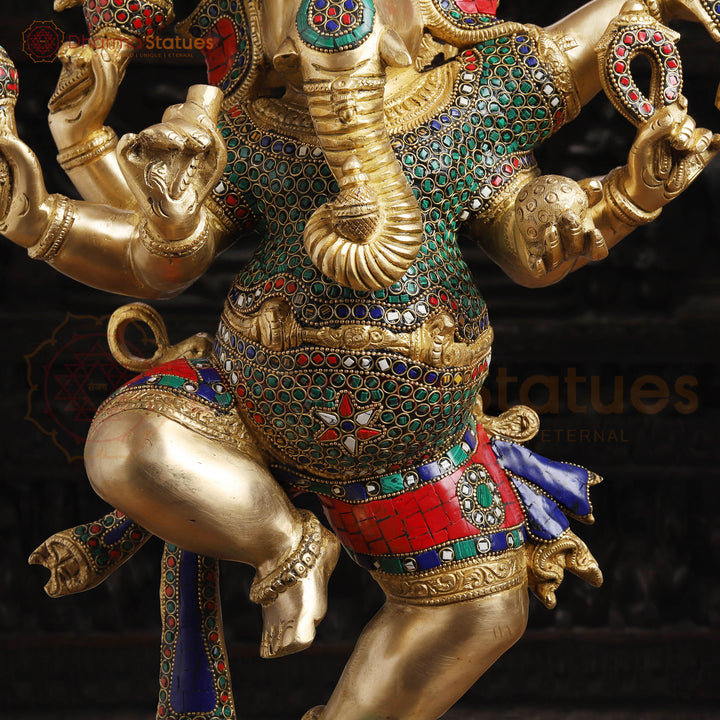 Brass Ganesh Dancing Fine Carved, Stone Work, 24"