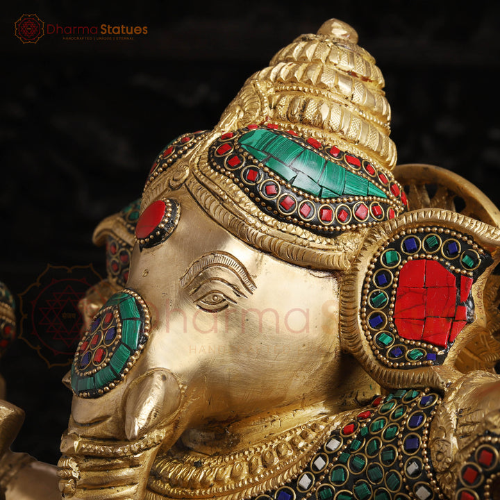 Brass Ganesh Dancing Fine Carved, Stone Work, 24"