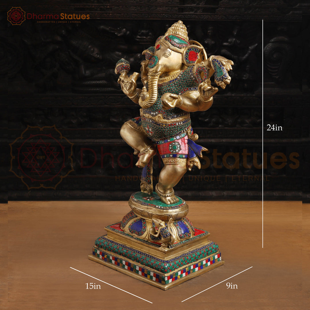 Brass Ganesh Dancing Fine Carved, Stone Work, 24"