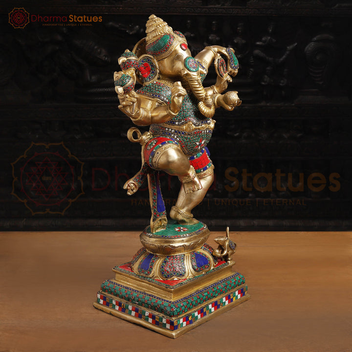 Brass Ganesh Dancing Fine Carved, Stone Work, 24"