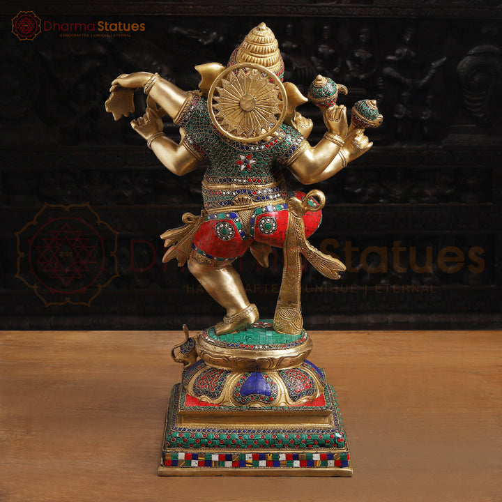 Brass Ganesh Dancing Fine Carved, Stone Work, 24"