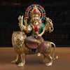 Brass Durga Statue- Durga is Sitting on Lion, Golden & Stone work 21.5" Front View