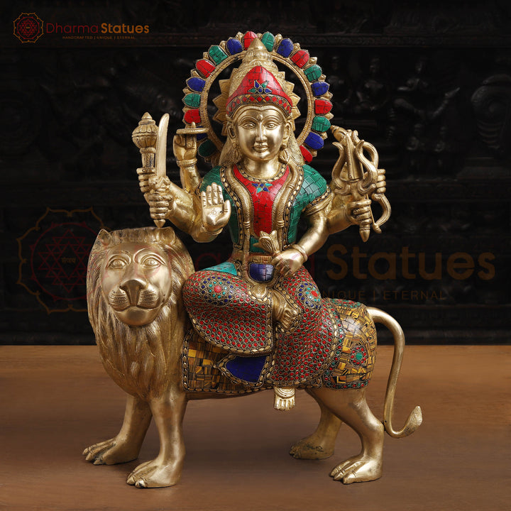 Brass Durga Statue, Maa Durga is Sitting on the Myghti Lion. 21.5"