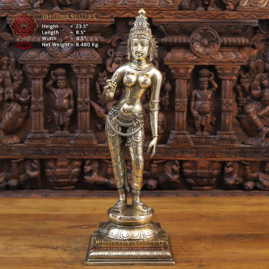 Brass Parvati Standing, Fine Golden Finish, 23.5"
