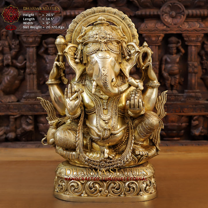 Brass Ganesh seated with Fine Carved jewellery, Special Gold Finish, 20.5”