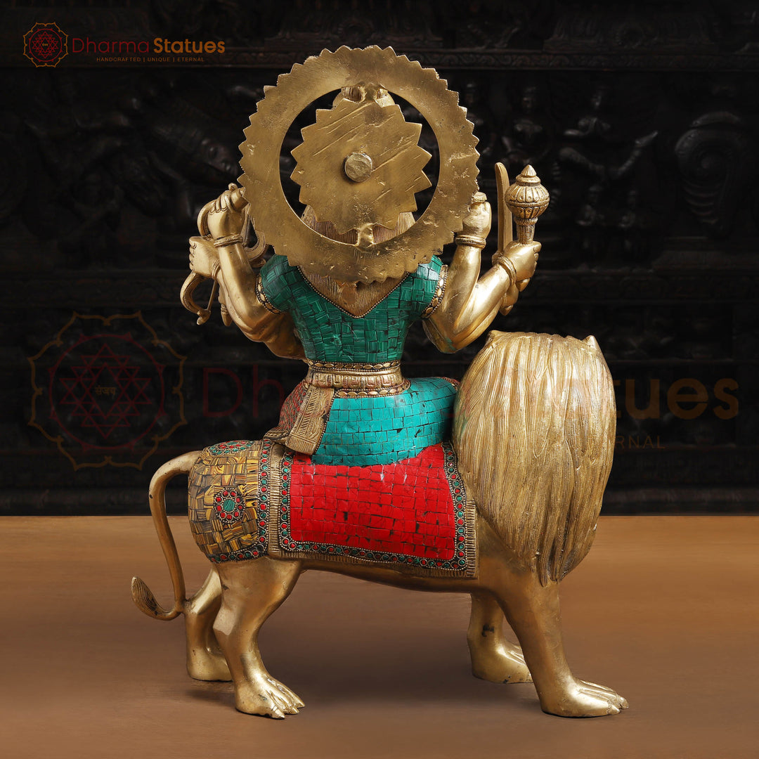 Brass Durga Statue, Maa Durga is Sitting on the Myghti Lion. 21.5"