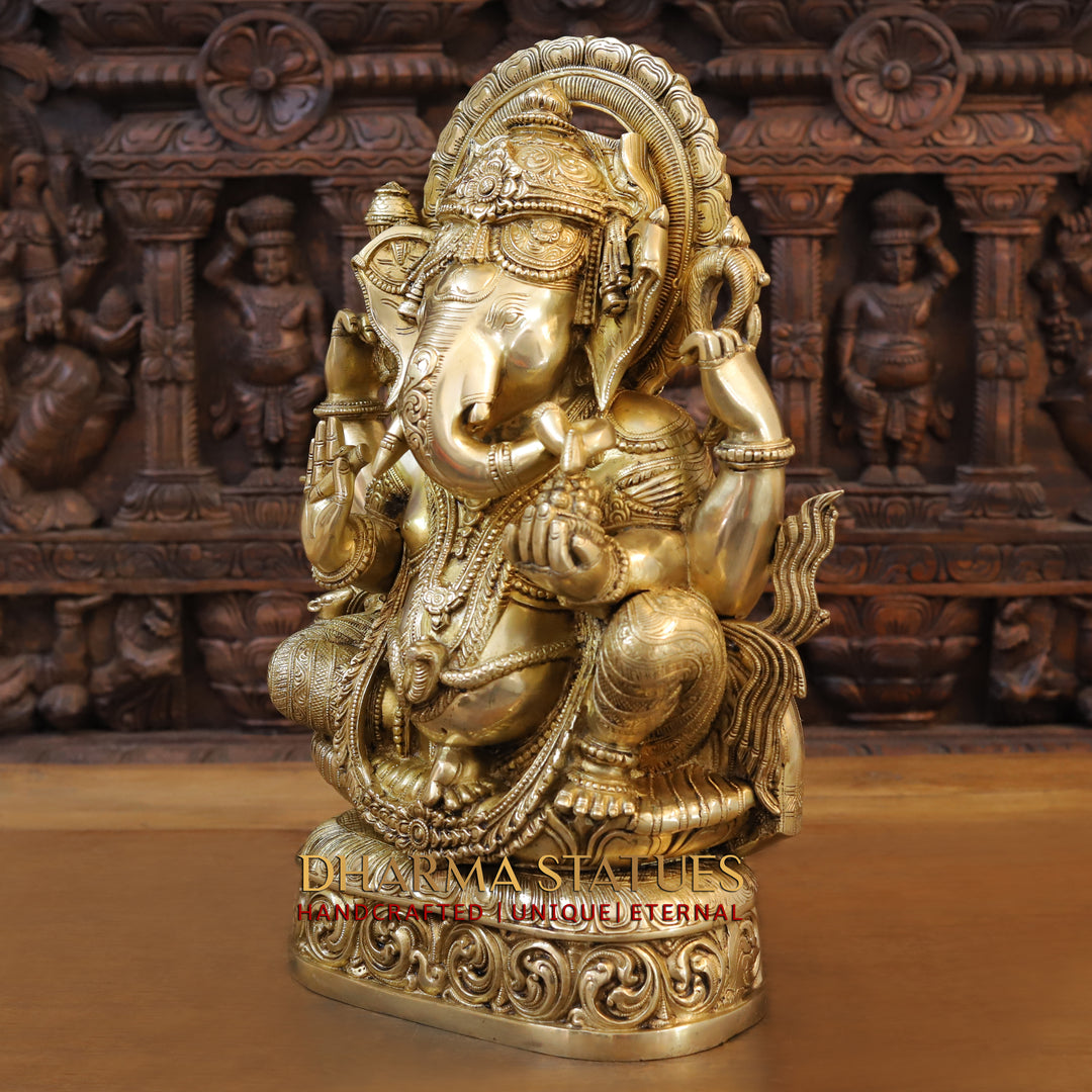 Brass Ganesh seated with Fine Carved jewellery, Special Gold Finish, 20.5”