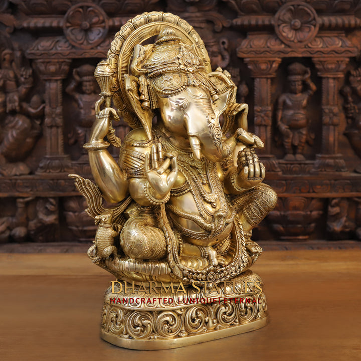 Brass Ganesh seated with Fine Carved jewellery, Special Gold Finish, 20.5”