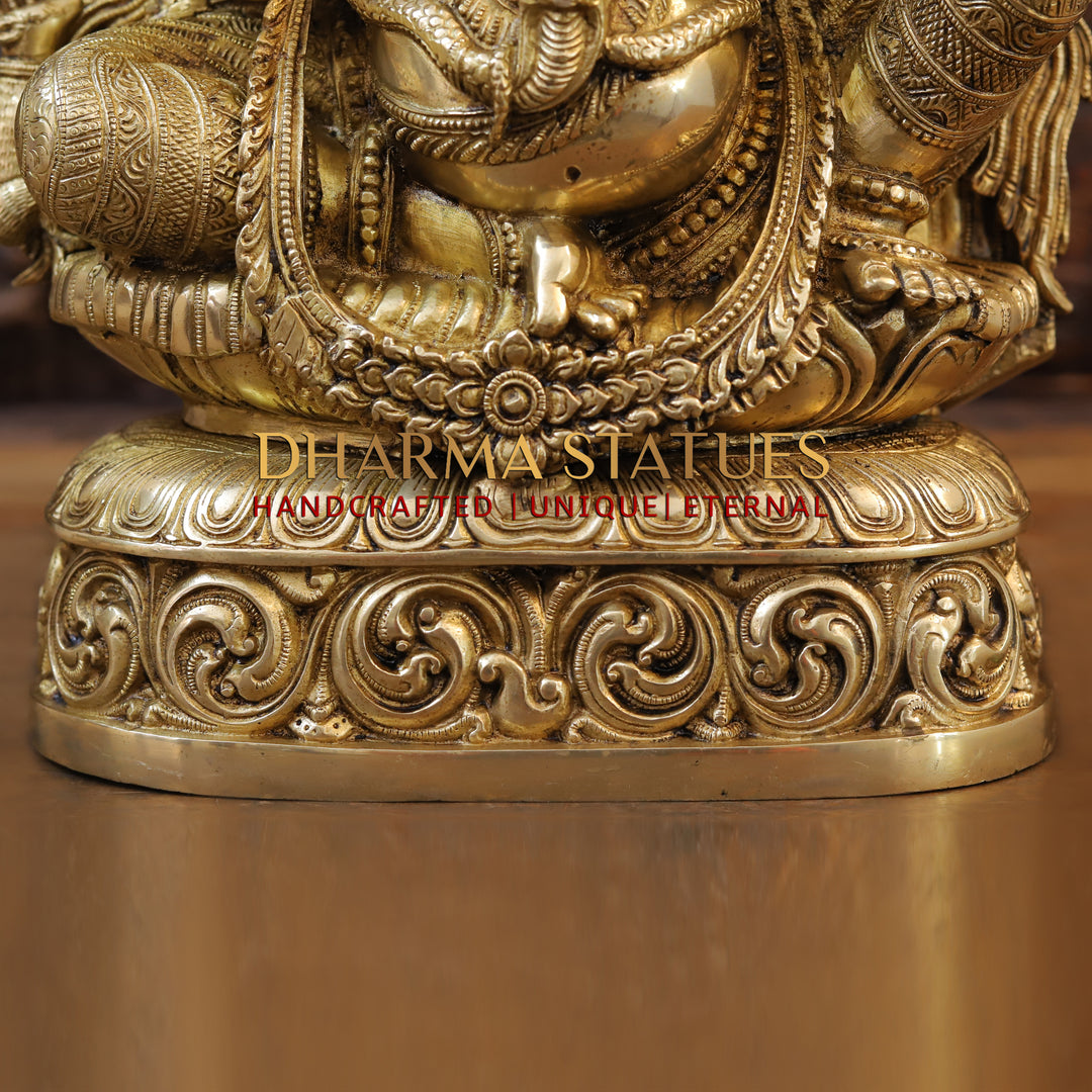 Brass Ganesh seated with Fine Carved jewellery, Special Gold Finish, 20.5”