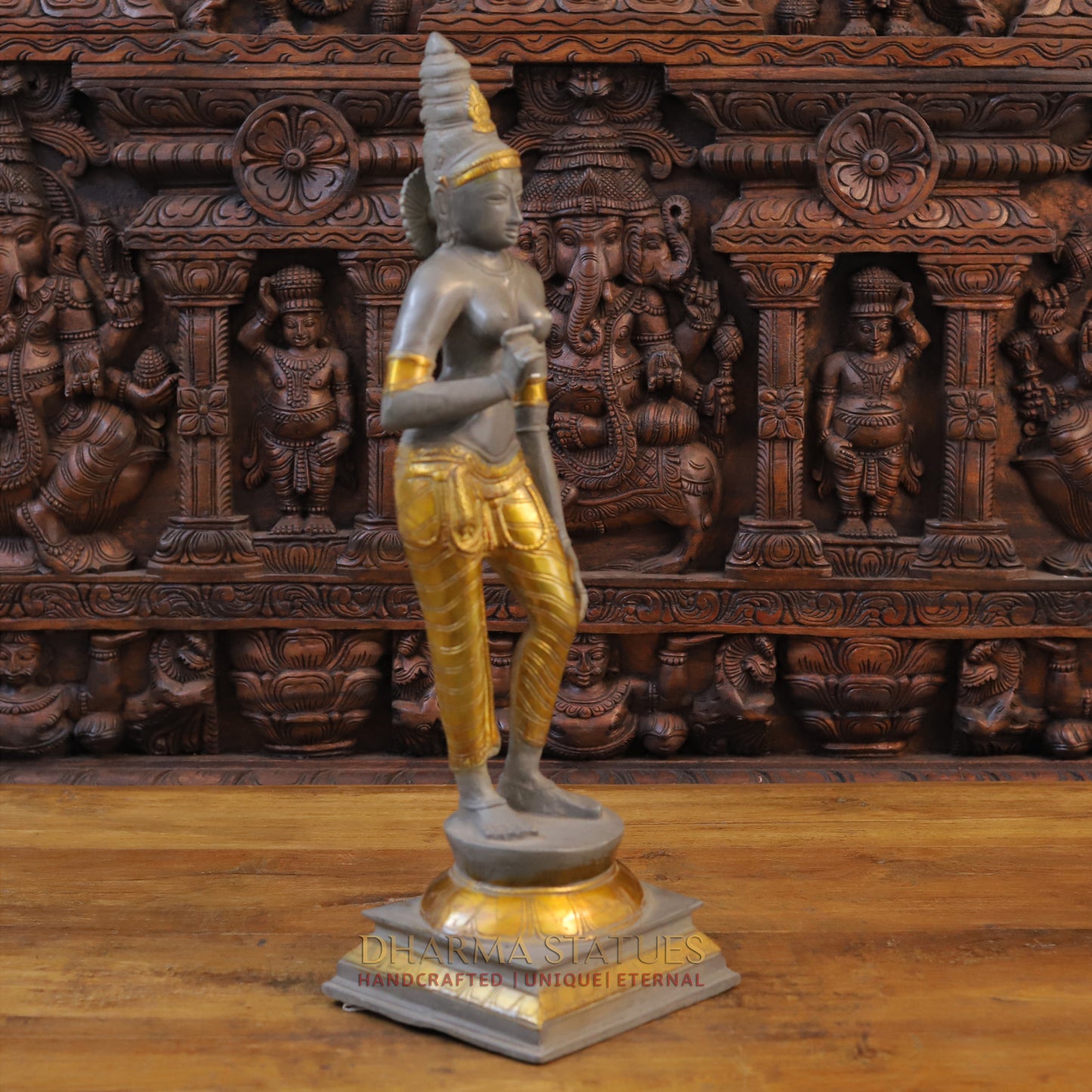 Brass Parvati Standing, Golden & Grey Finish, 23.5"