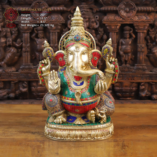 Brass Ganesh seated on Base, Blessing Posture, Golden & Stonework, 20"