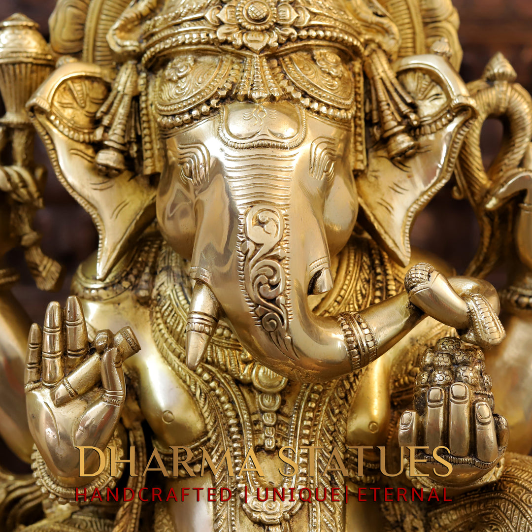 Brass Ganesh seated with Fine Carved jewellery, Special Gold Finish, 20.5”