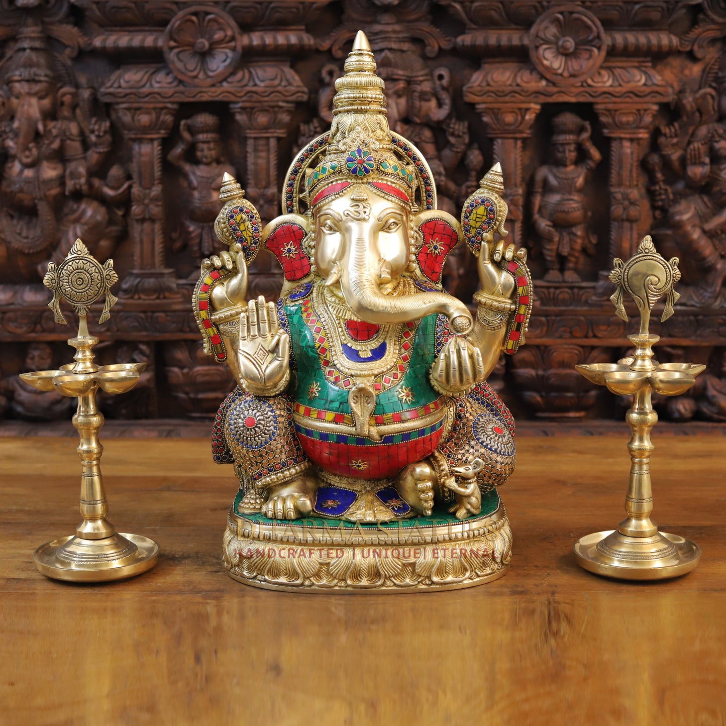 Brass Ganesh seated on Base, Blessing Posture, Golden & Stonework, 20"