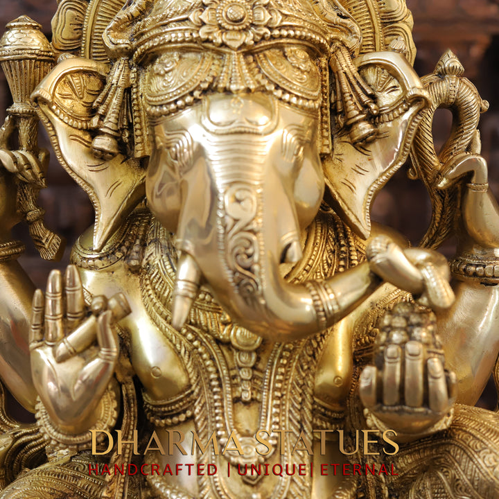 Brass Ganesh seated with Fine Carved jewellery, Special Gold Finish, 20.5”