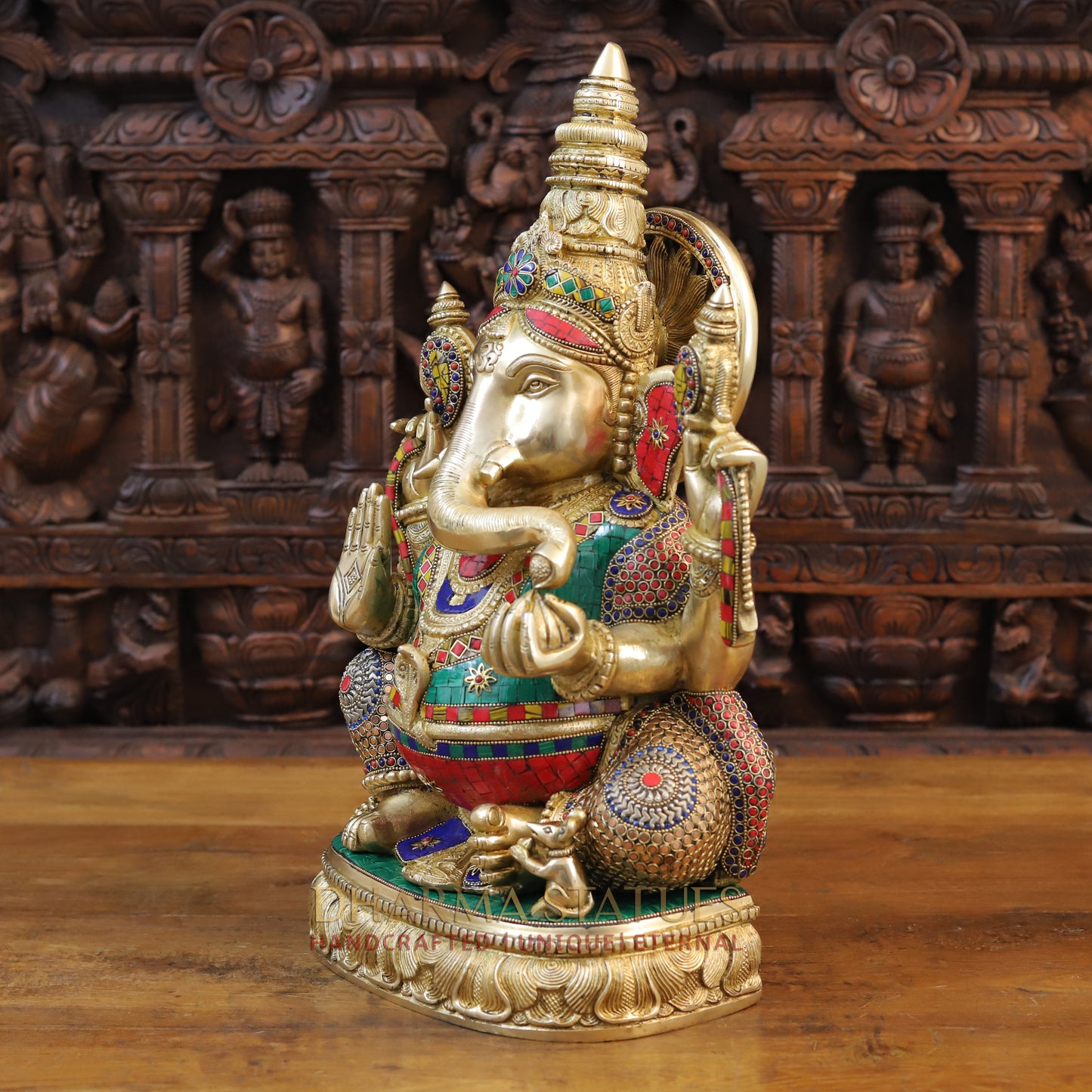 Brass Ganesh seated on Base, Blessing Posture, Golden & Stonework, 20"