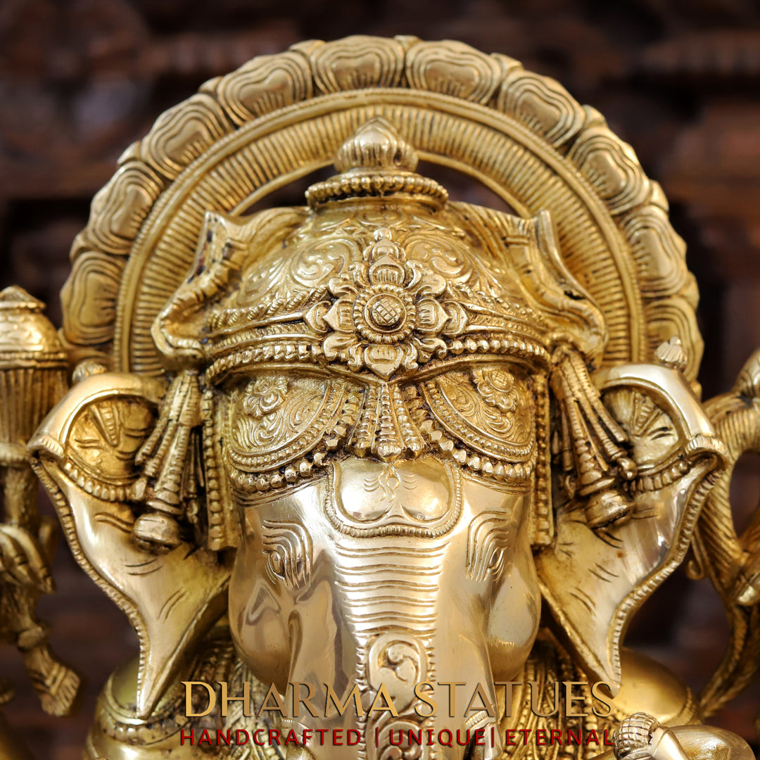 Brass Ganesh seated with Fine Carved jewellery, Special Gold Finish, 20.5”