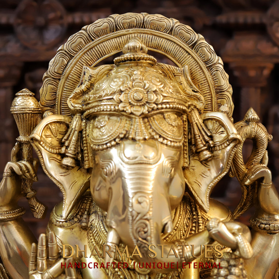 Brass Ganesh seated with Fine Carved jewellery, Special Gold Finish, 20.5”