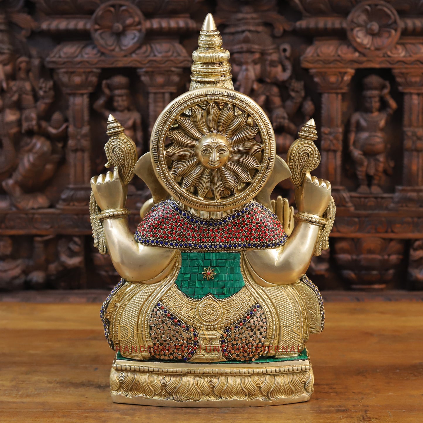Brass Ganesh seated on Base, Blessing Posture, Golden & Stonework, 20"